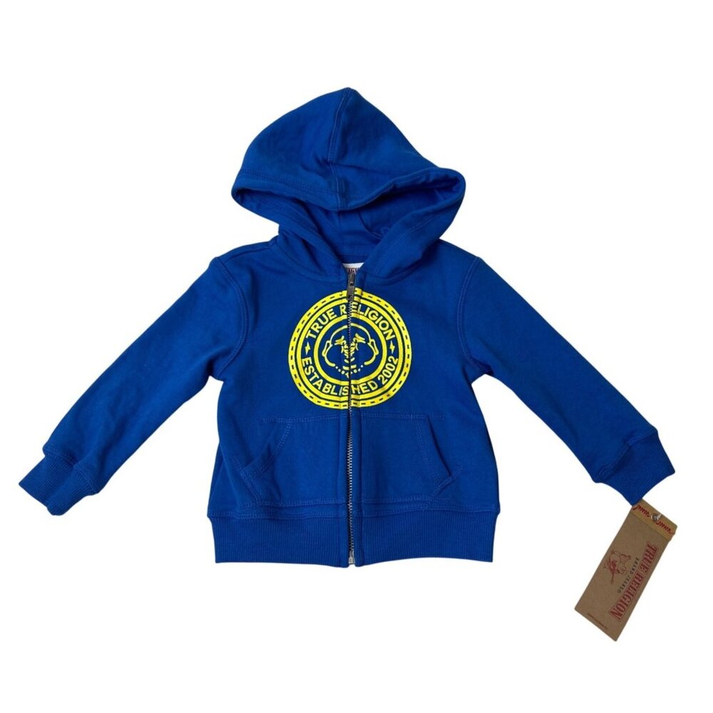 True Religion Baby Hoodie Blue Zip-Up Sweatshirt With Yellow Logo Size 12M- New